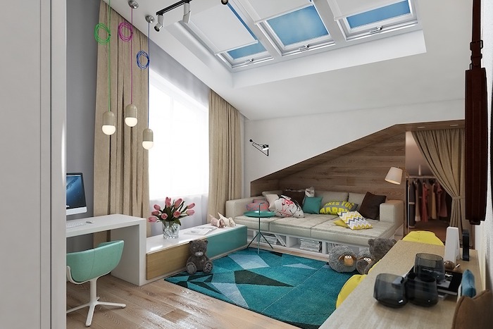 wandgestaltung jugendzimmer fensterdeko ideen blau grüner teppich schreibtisch ideen sofa design idee großes kinderzimmer