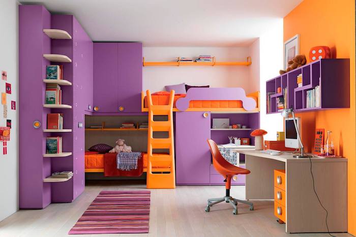 wandgestaltung jugendzimmer lila und orange ideen teppich bunte gestaltung ideen schreibtisch orange mit lila regale darüber