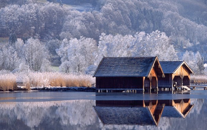 ein wald mit vielen weißen bäumen - see und zwei häuser aus holz - ein romantisches winterbild