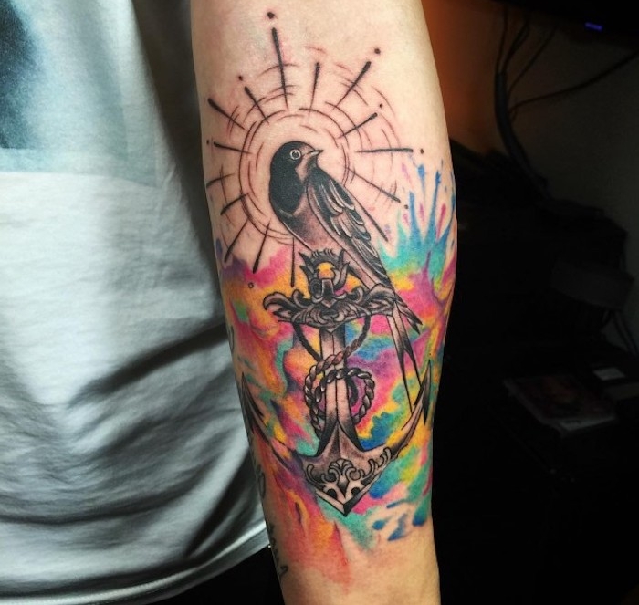 großes anker tattoo am unterarm, wasserfarben tattoo mit anker-motiv