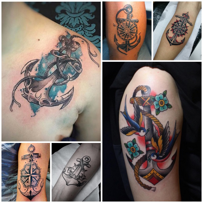 anker tattoo ideen für männer, tätowierung mit anker-motiv in kombination mit kompass