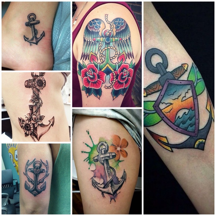 tattoo anker designs, farbige tätowierungen mit anker-motiv