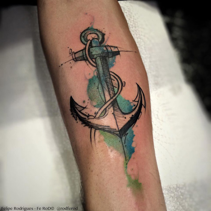 wasserfarben tattoo anker, tätowierung mit maritimem motiv