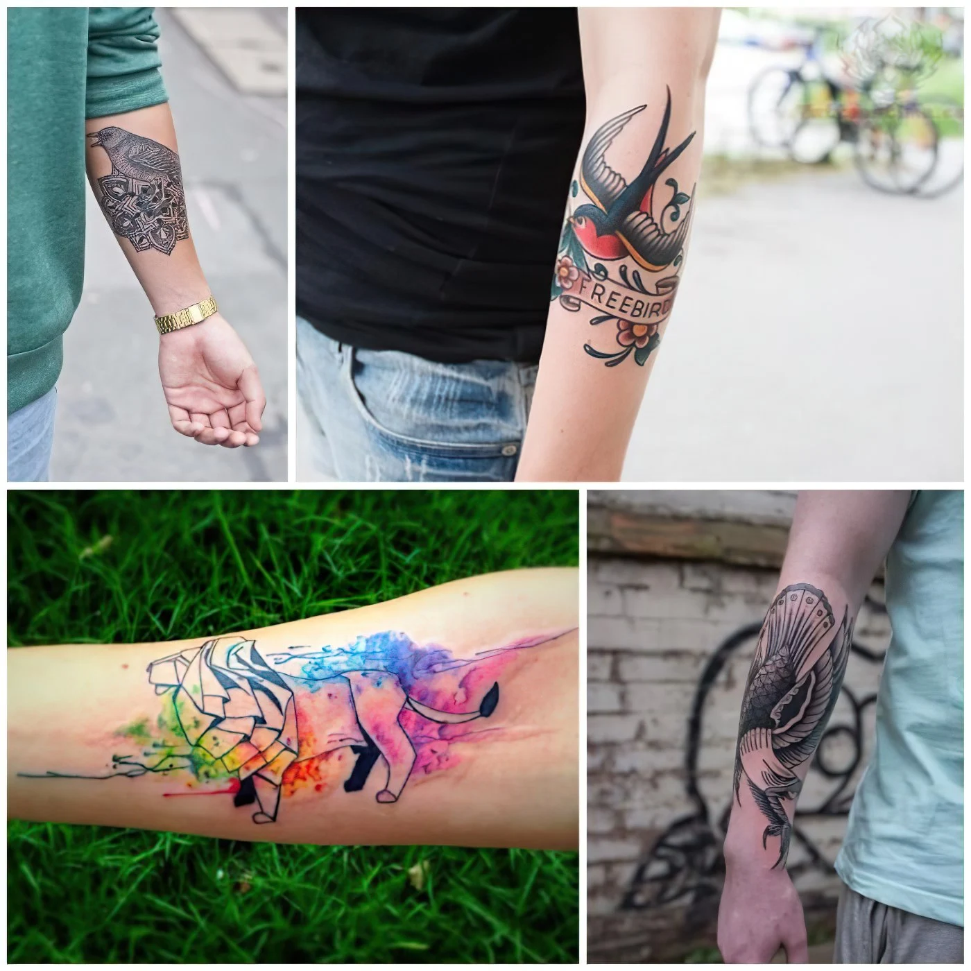 wasserfarben tattoo mit löwen-motiv, vogel tattoos
