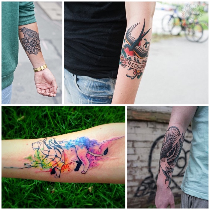 tattoo unterarm, wasserfarben tattoo mit löwen-motiv, vogel tattoos