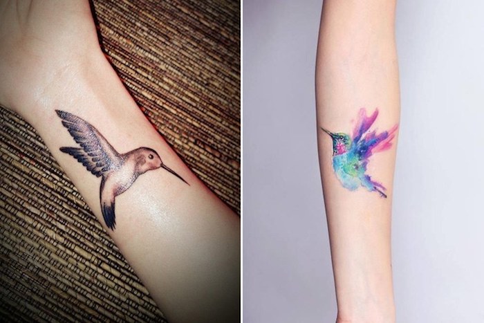 kolibri tattoo designs, kleine tattoo motive für frauen, wasserfarben