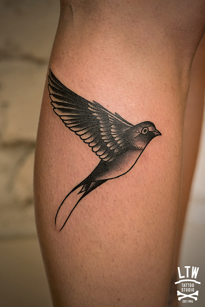 tattoo schwalbe, realistische schwarz-graue tätowierung am bein