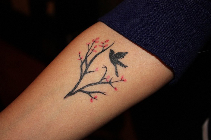 tattoo taube, kleine tattoo motive, taune und zweig mit rosa blättern