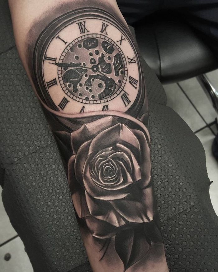 tattoo uhr, 3d-tätowierung in schwarz und grau, rose mit uhr