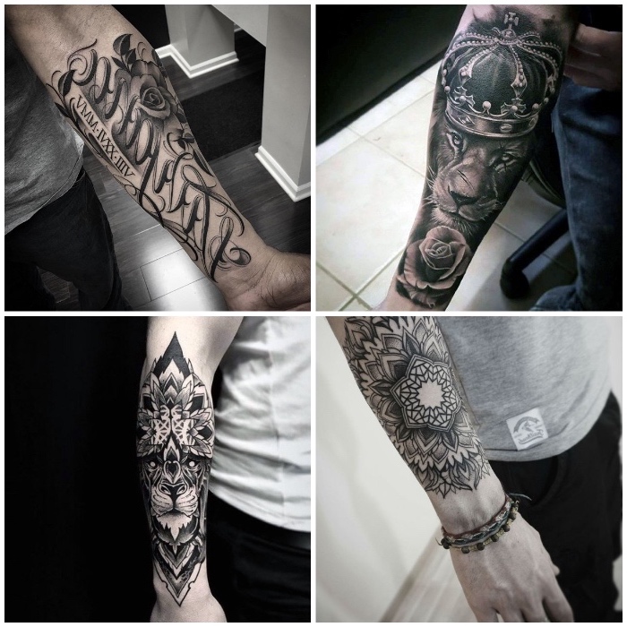 tattoo unterarm, tattoo-motive für männer, löwe mit krone, mandala 