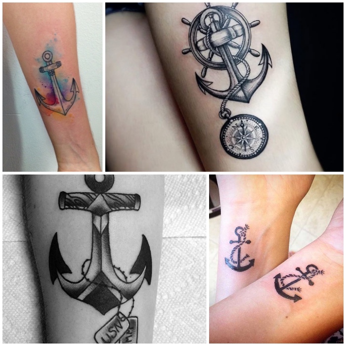 anker bedeutung, maritime tattoo designs, anker in kombination mit kompass und schiffsteuer