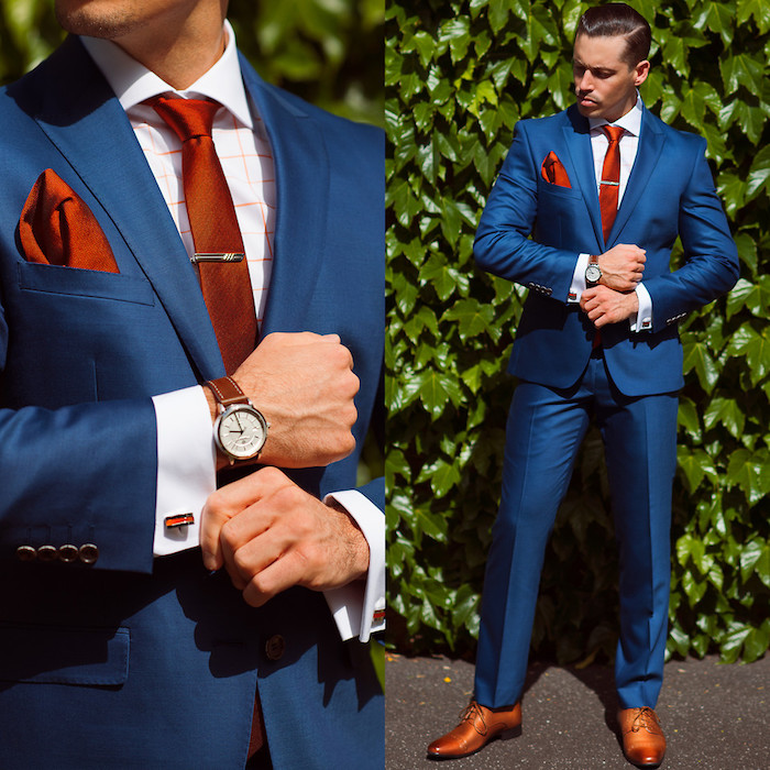 blauer anzug braune schuhe eleganter look vom modernen businessman armbanduhr in braun wie der gürtel braune manschetten und fichu