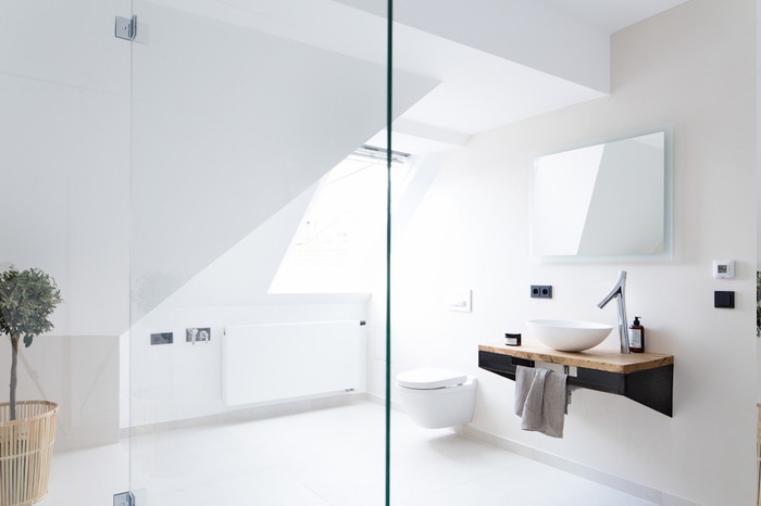 Glas-Raumteiler für Duschraum, Badezimmer komplett weiß gestalten, kleines Baum zu Hause
