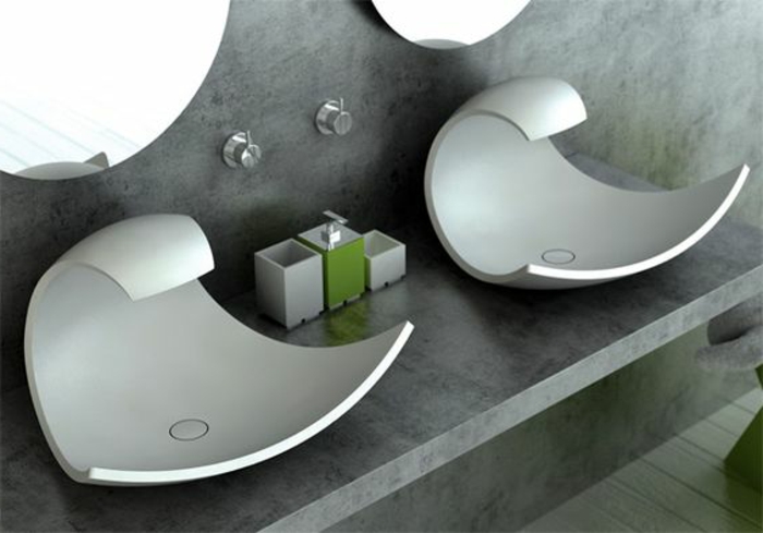 Waschtisch aus Granit mit zwei kleinen Waschbecken mit Wasserfall-Hahn montiert an der Wand, Handwaschbecken ohne Wasserrohr, grüner Seifenbehälter für flüssige Seife, Keramiktasse für Zahnbürsten, Badezimmer mit zwei runden Spiegeln an der Wand mit Granit-Optik