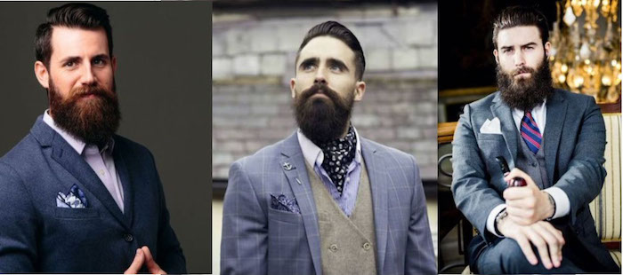 vollbart wachsen lassen drei bilder von den modernen männern hipster style mit anzug grauer anzug blauer anzug männer mit bärten