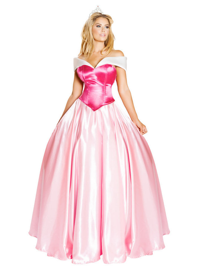 Dornröschen Kostüm für Fasching, rosafarbenes Ballkleid aus Satin, silberne Krone
