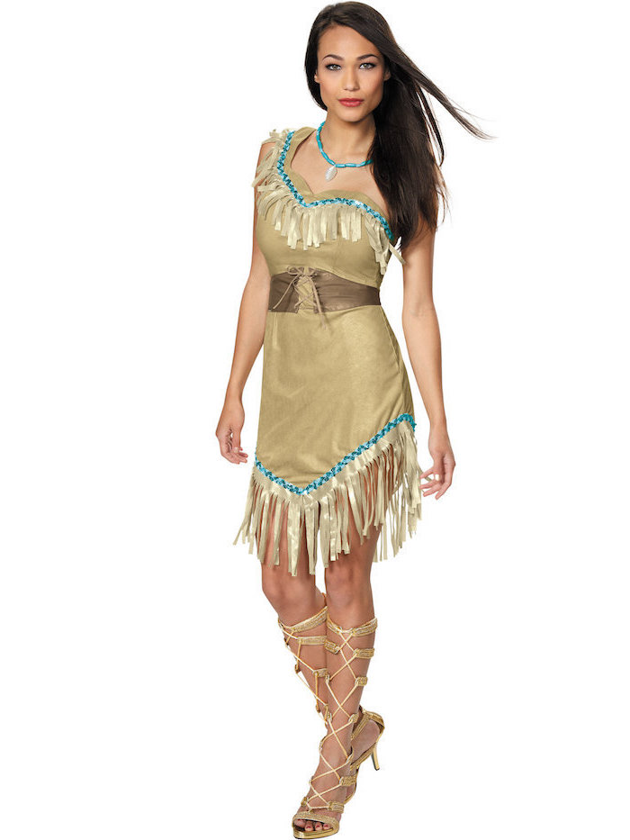 Pocahontas Kostüm für Fasching, hellbraunes Kleid mit blauen Applikationen