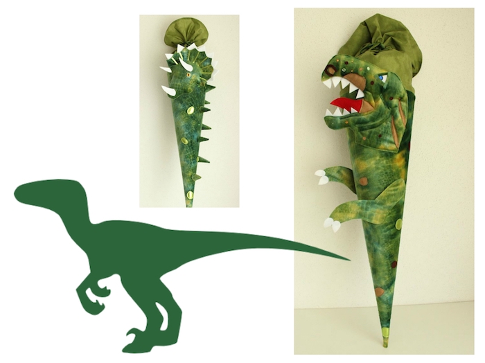 zwei bilder mit grünen schultüten mit grünen dinosaurien mit weißen zähnen - eine schultüte selber basteln