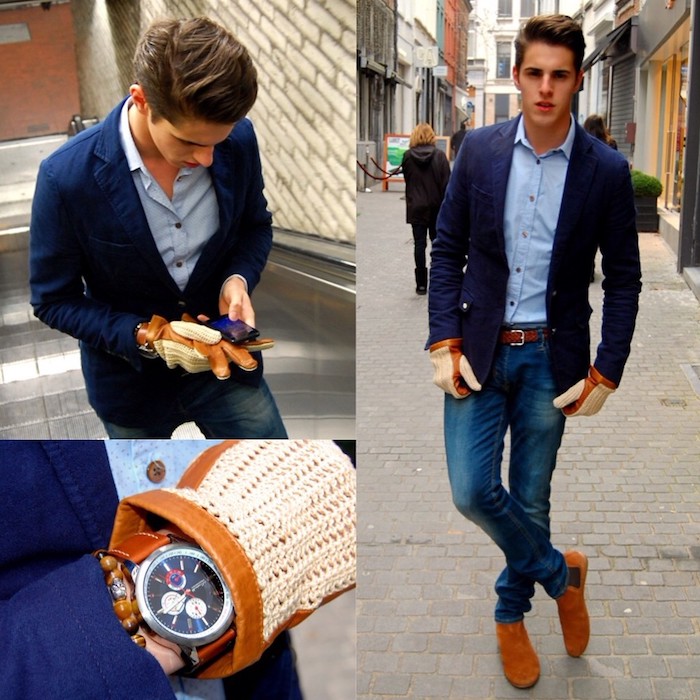 dunkelblauer anzug schuhe braune schuhe armbanduhr handschuhe accessoires zum coolen look