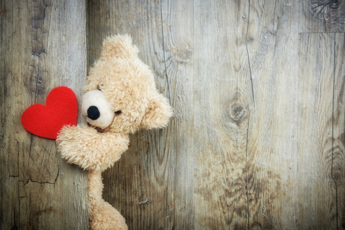 Kuschelbilder - ein kuscheliger Teddybär mit einer Valentinstagkarte in der Hand