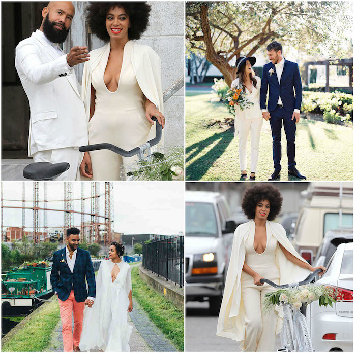 drei Paare verliebte Menschen sagen "Ja" am großen Tag Jumpsuit Hochzeit Ideen zum trendy Outfit für Damen und Herren