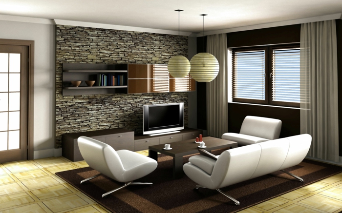 Eine Wandverkleidung Steinoptik - ein Zimmer mit flachen Fernseher und weiße Wohnzimmermöbel