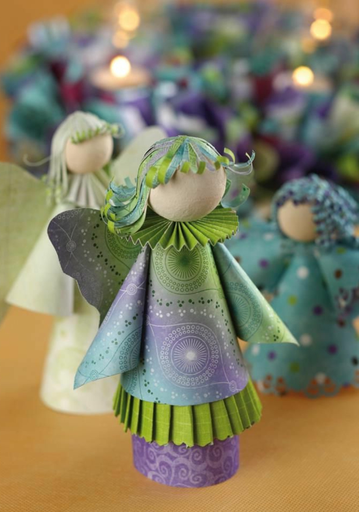 engel basteln kinder engel aus papier basteln drei engel aus papier in grün und lila weihnachtsengel basteln