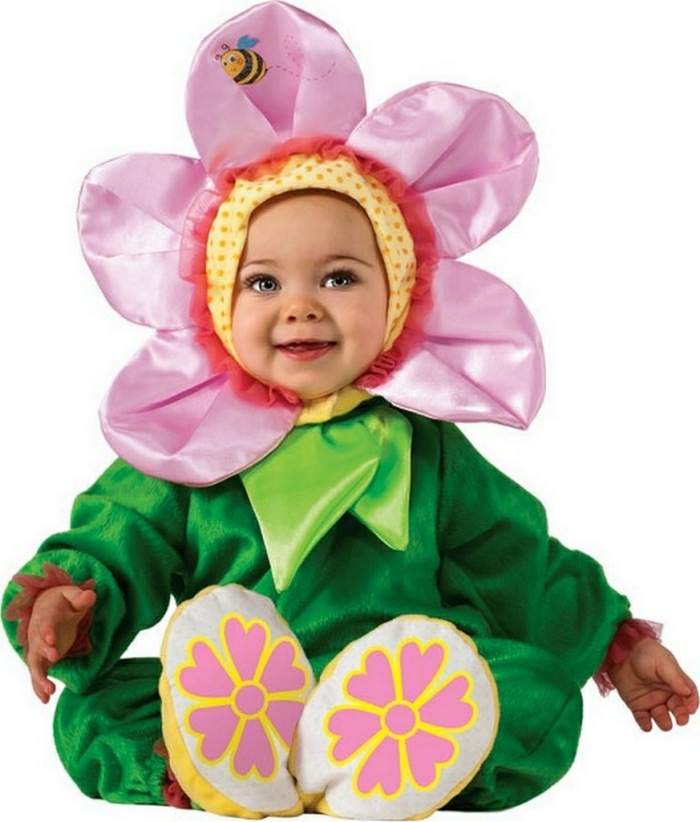 Fasching Baby Kostüm Blume - rosa Blume mit einer Biene darauf, grünes Kostüm mit Blumenmotiv, Pantoffel mit Blumen