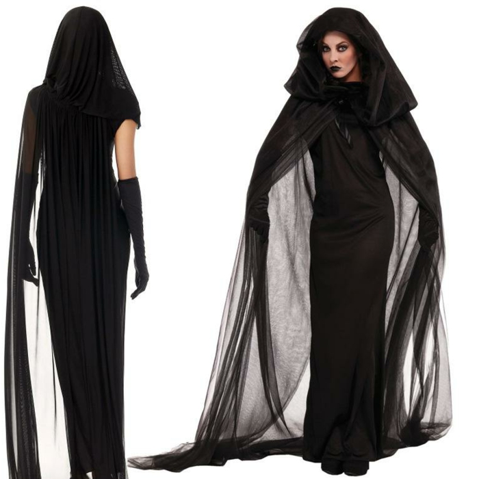 Schwarze Witwe - langes schwarzes Kleid mit langem schwarzen Umhang mit Kapuze aus Tüll