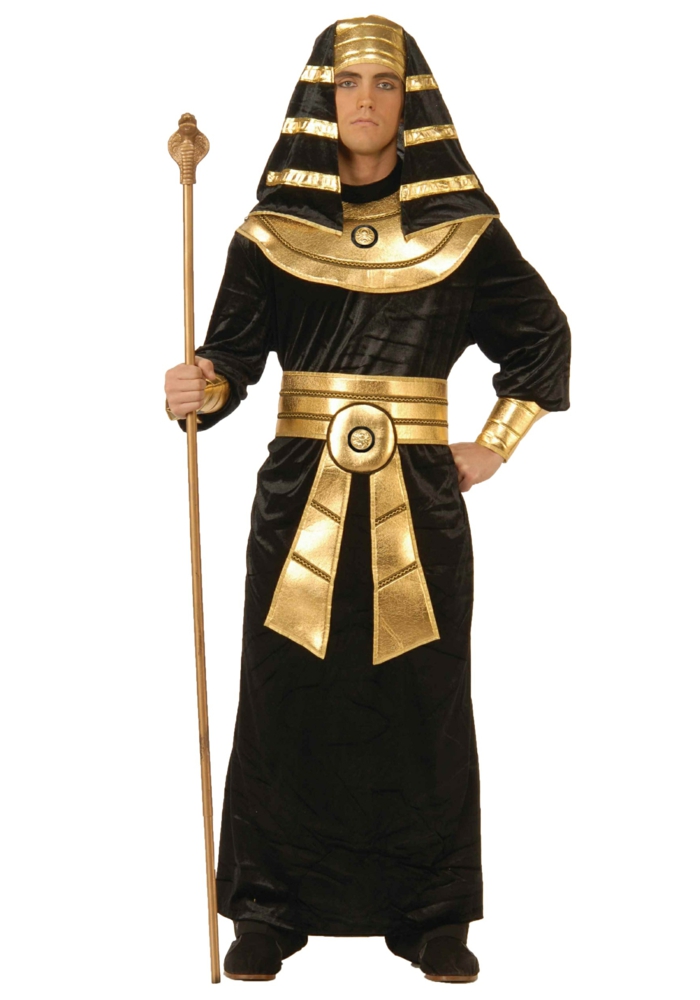 Pharao Faschingskostüm für Männer - schwarzes Kleid mit goldenen Motiven, Kopfschutz aus schwarzem Stoff mit goldenen Streifen