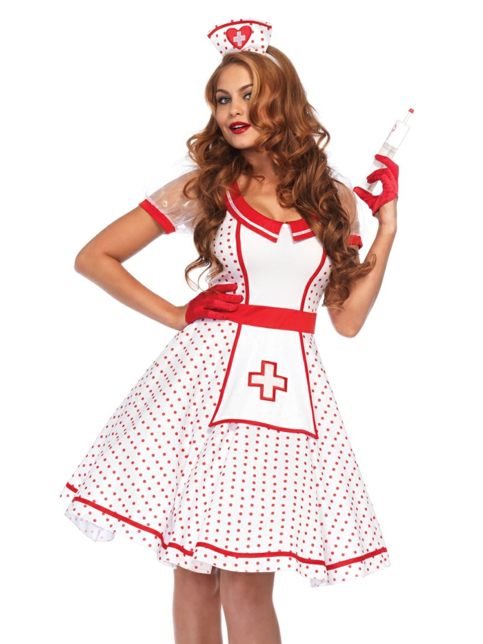 einer der populärsten Karneval-Verkleidungen - Krankenschwester mit weißem Kleid mit roten Punkten und einem roten Kreuz roter Gürtel und rote Handschuhe