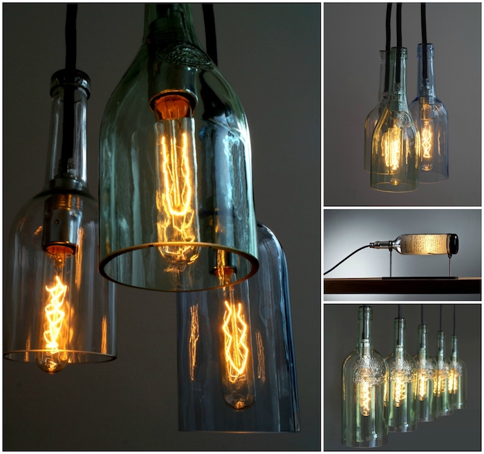 vier bilder mit hängeleuchten - hängelampen mit durchsichtigen glasflaschen - lampen selber machen