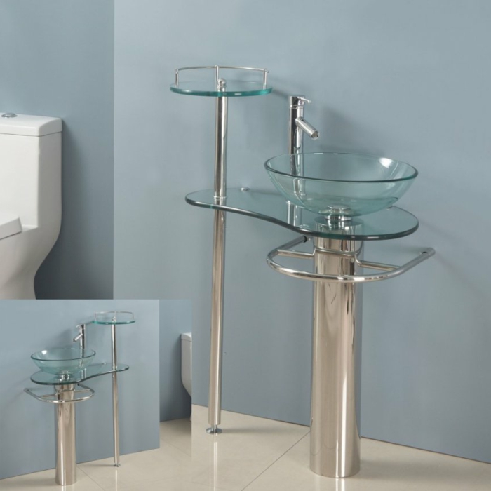 freistehender Handwaschbecken Badezimmer aus Edelstahl und Glas, Becken mit Glastrog und Glasregal, Becken mit Tuchhalter aus Edelstahl