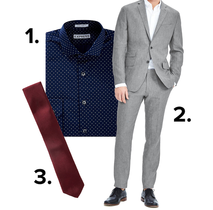 fliege anzug oder anzug mit hemd und krawatte gepunktetes hemd weiße punkte auf dunkelblauem stoff helle töne outfit rote krawatte