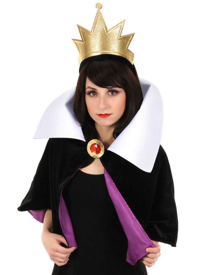 Die böse Hexe Kostüm, goldene Krone, schwarzer Mantel mit weißem Kragen