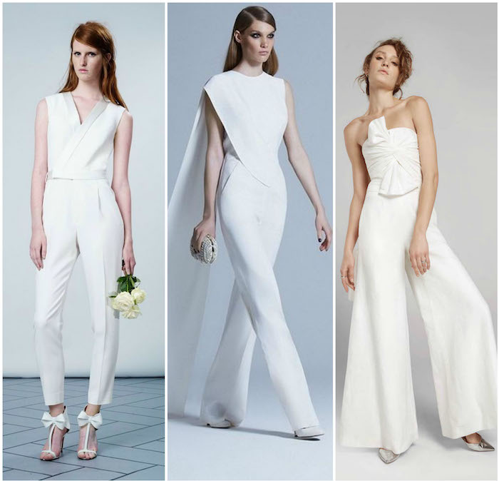 Warum nicht in Jumpsuit Hochzeit feiern drei Damen in weißen Anzügen weiße Bekleidung kreative Ideen für Braute