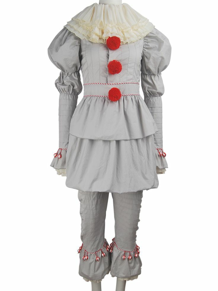 der Clown von Stephan Kings Film Es - Clown Kostüm Es, graues Kostüm mit Plissees und Puffärmeln und großem weißen Kragen