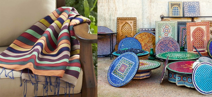 orientalische Sitzecke - typische marokkanische Möbel mit Mosaik in Kontrastfarben, orientalische Möbel - runde Kaffeetische mit Mosaik, Armstuhl aus Holz mit zwei Kissen in Grau-Beige und einer bunten Schlafdecke mit Streifen