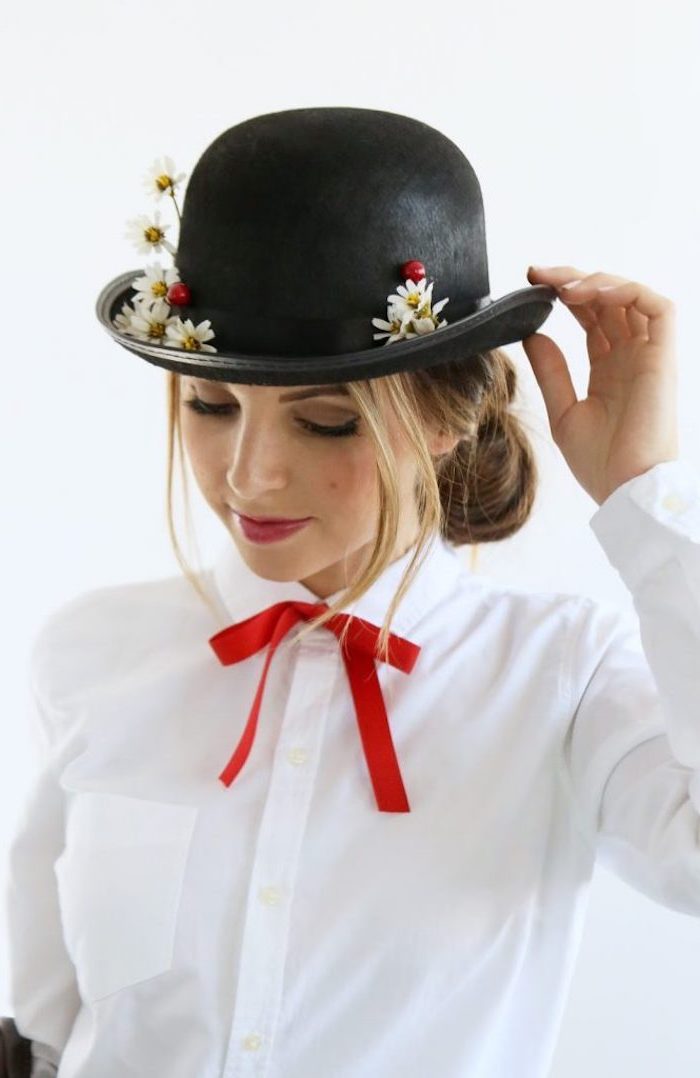 Mary Poppins Kostüm für Fasching, weißes Hemd mit rotem Band, schwarzer Hut mit Blumen