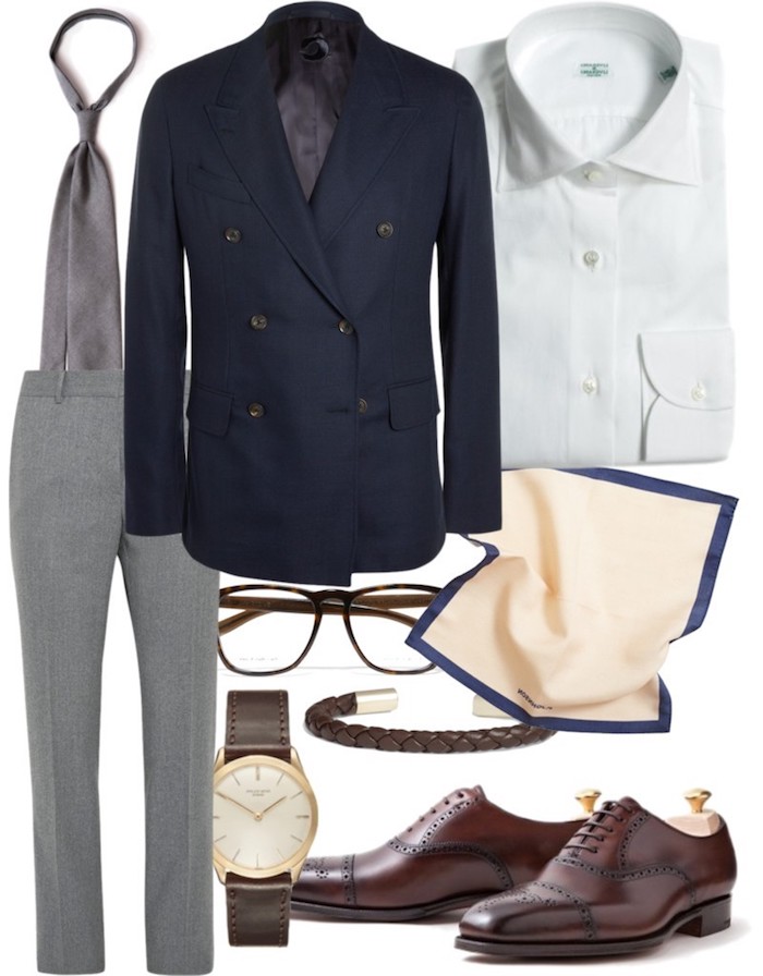 blauer anzug schuhe braune schuhe mit grauen hosen blauem blazer und weißes hemd brille