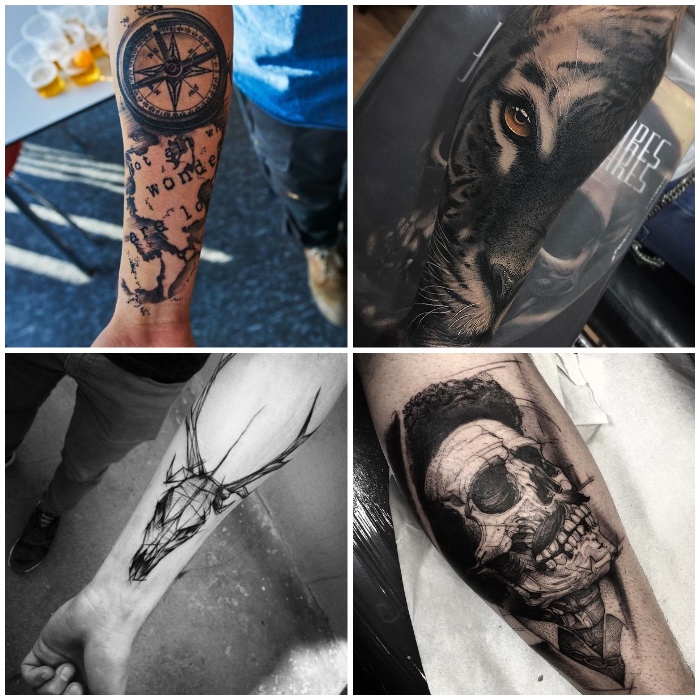 männer tattoos, kompass mit karte, realitisches tiger tattoo, schädel