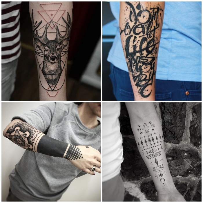 männer tattoos in schwarz und grau, hirsch mit geometrischen elementen, symbole