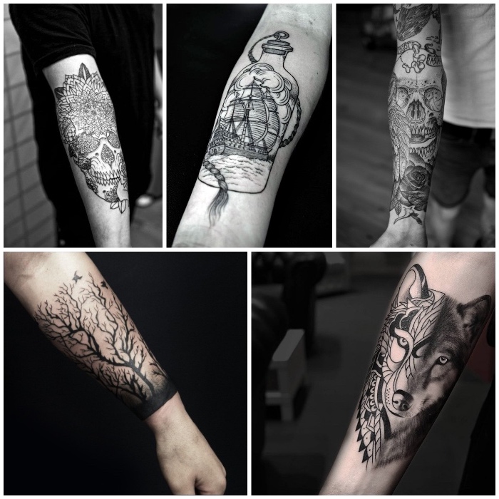 männer tattoos in schwarz und grau, baum mit vägel, schädel mit mandala motiven
