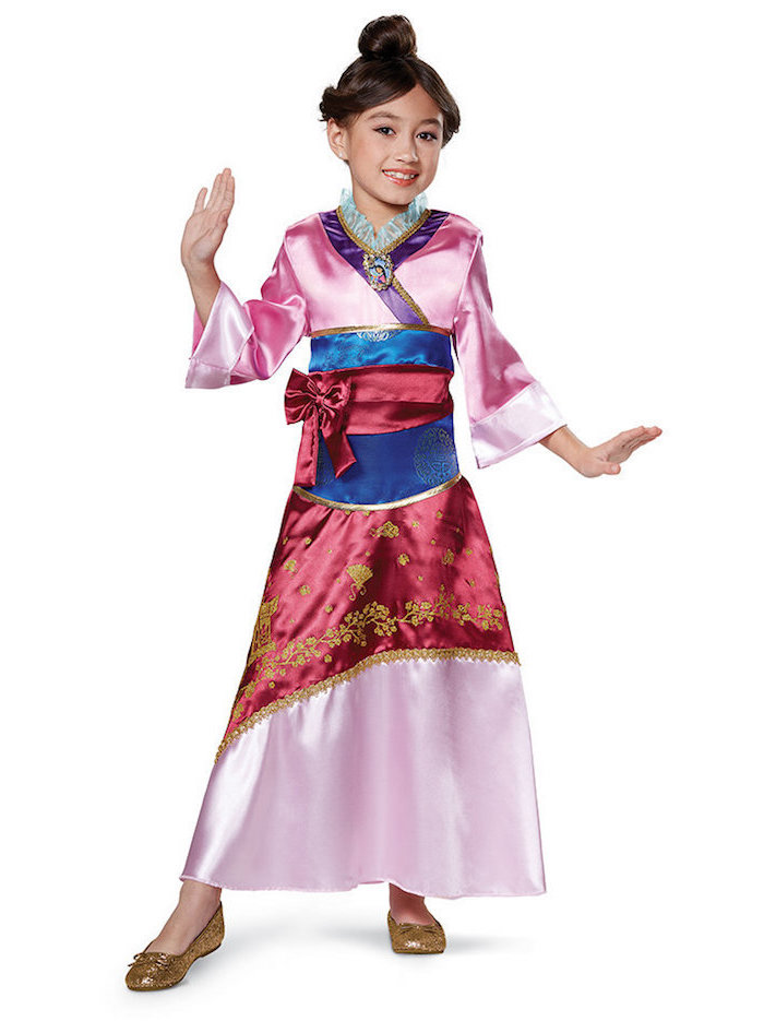 Mulan Kostüm für Fasching, bunter Kimono aus Satin, goldene Glitzer-Schuhe