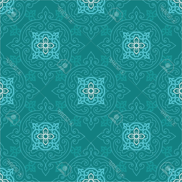 grüner Musterstoff mit Mandala-Ornamenten in Hellblau und Weiß, Stoff mit Print in drei Farben