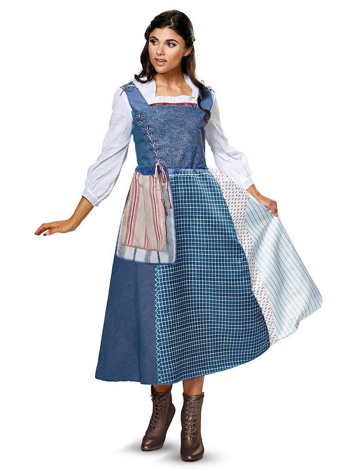 Disney Prinzessin Belle Kostüm für Fasching, karierter Rock, blaues Oberteil mit weißen Ärmeln