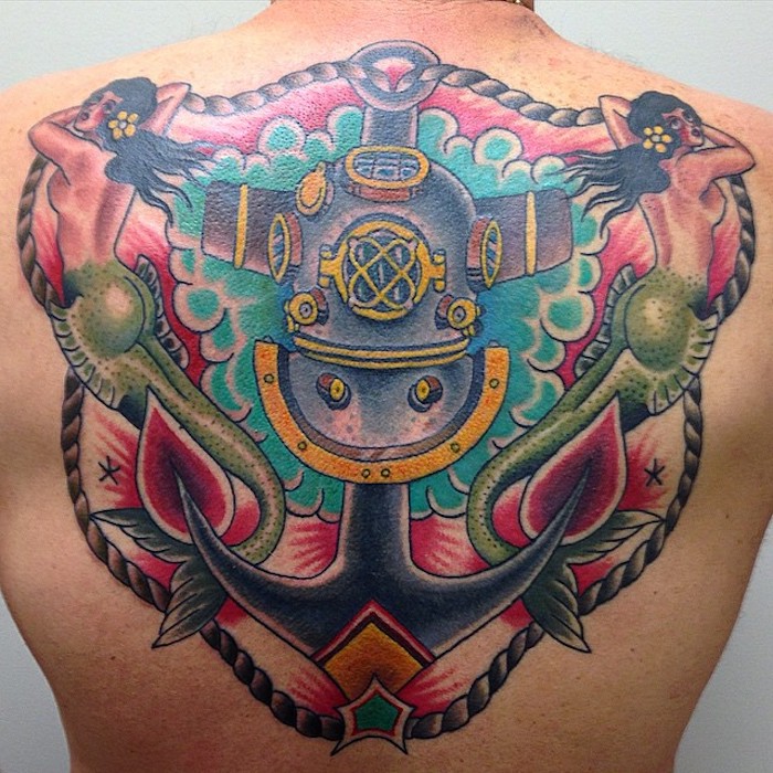 symbol anker, große farbige tötowierung am rücken, männer tattoos