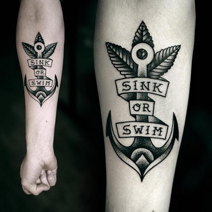 symbol anker, kleine tätowierung in schwarz und grau, arm tattoo