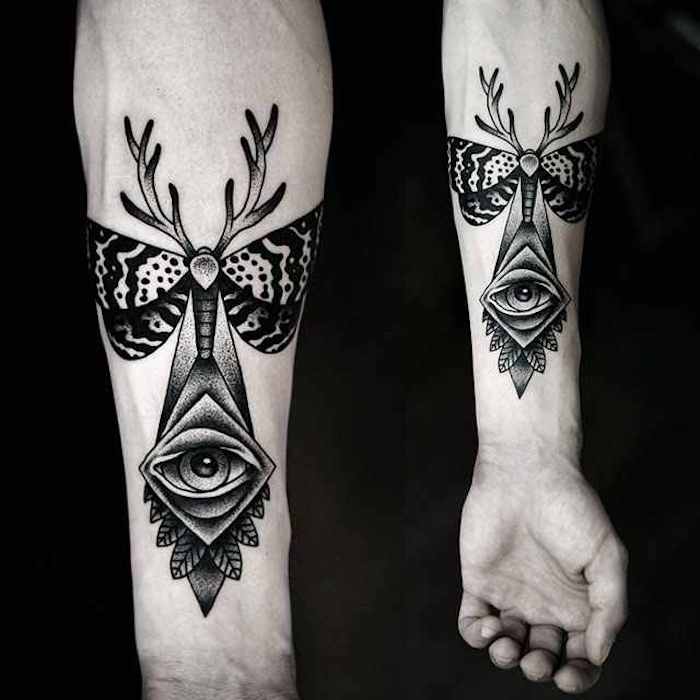 tattoo muster, abstrakte tätowierung am arm, insekt in kombination mit auge