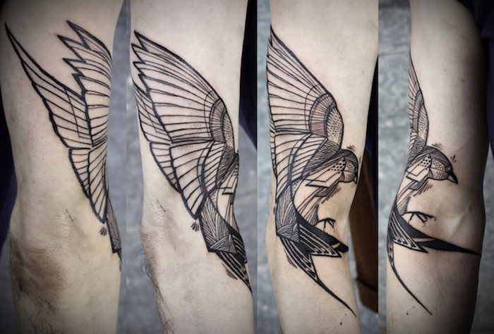 tattoo vogel, schwarz-graue tätowierung mit schwalben-motiv am arm